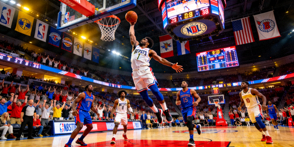 NBA赛场东西部球队激烈对抗，球员扣篮瞬间