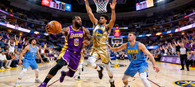 NBA西部联盟球队激烈对抗，湖人、勇士、掘金等队球员在比赛中